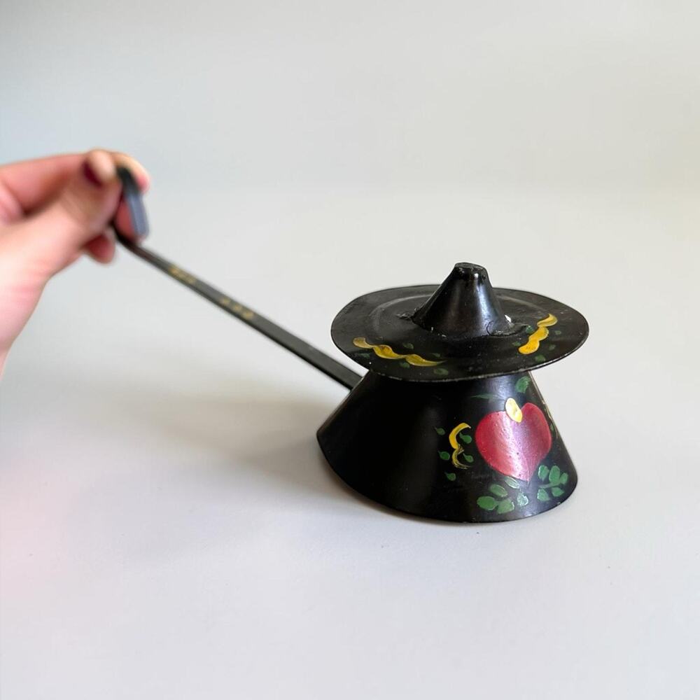 Primitive Folk Art Metal Candle Snuffer Hand Painted Heart Handle Rustic Decor